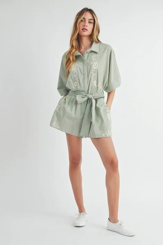 Mable - Sage Embroidered Belted Romper