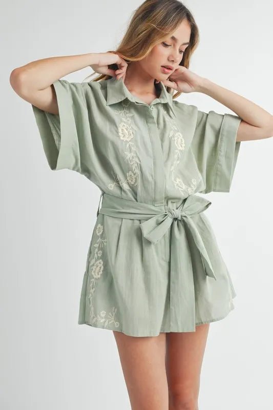 Mable - Sage Embroidered Belted Romper