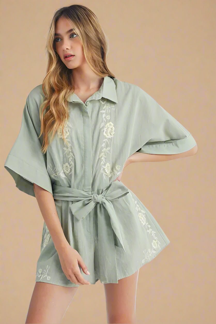 Mable - Sage Embroidered Belted Romper