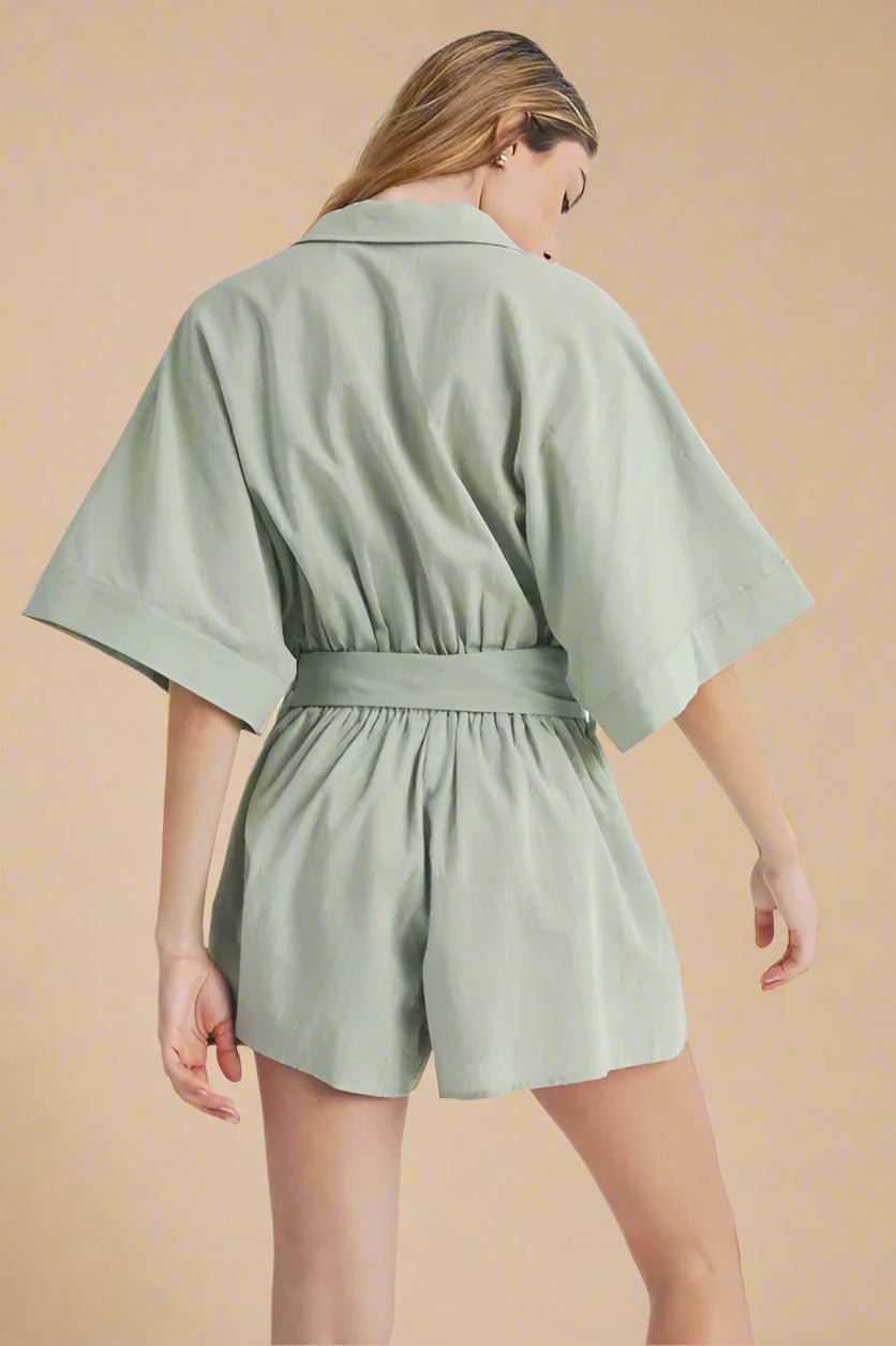 Mable - Sage Embroidered Belted Romper
