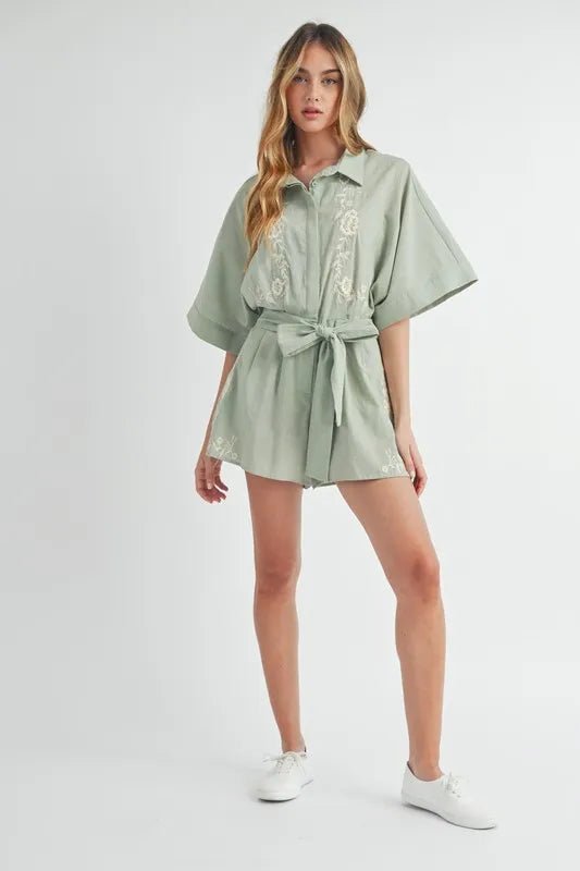 Mable - Sage Embroidered Belted Romper