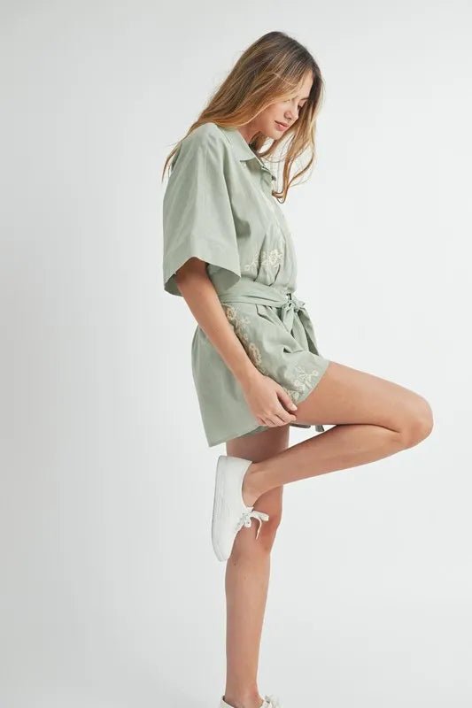 Mable - Sage Embroidered Belted Romper