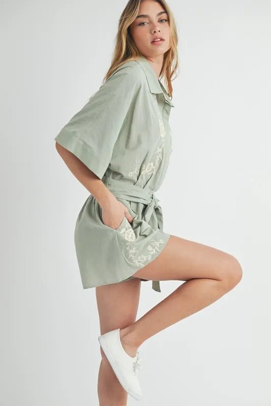 Mable - Sage Embroidered Belted Romper
