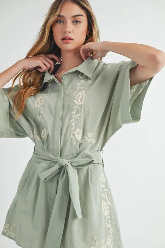 Mable - Sage Embroidered Belted Romper