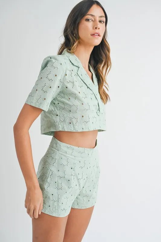 Mable - Sage Eyelet Button Front Crop Top & Shorts Set