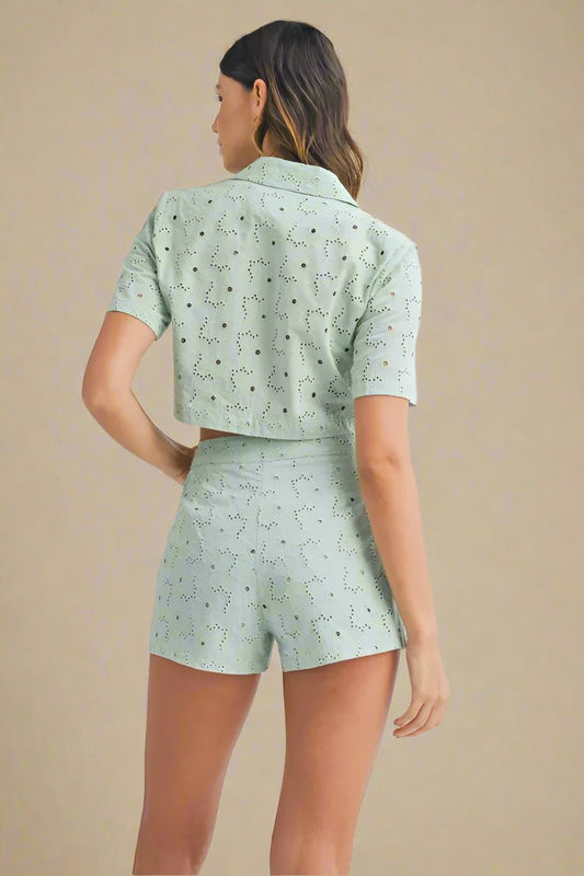 Mable - Sage Eyelet Button Front Crop Top & Shorts Set