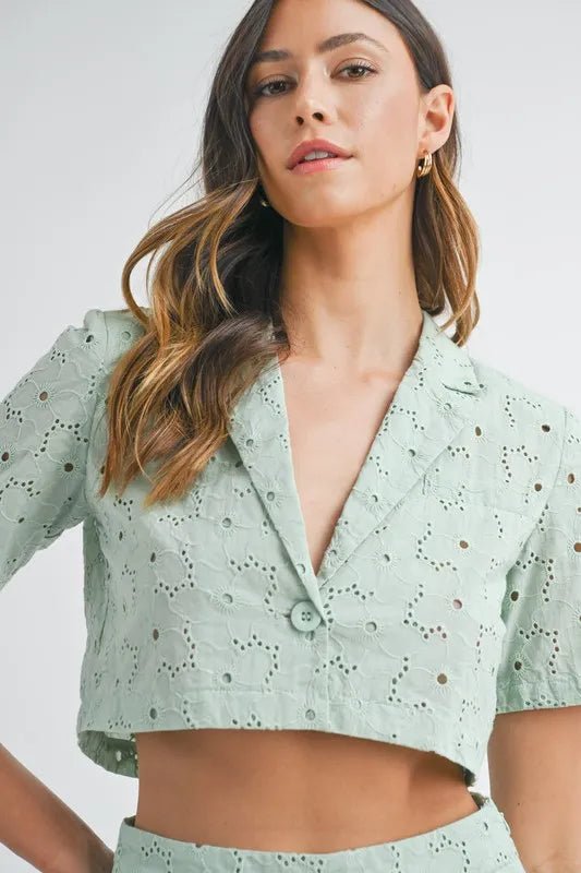 Mable - Sage Eyelet Button Front Crop Top & Shorts Set