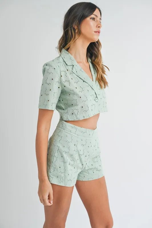 Mable - Sage Eyelet Button Front Crop Top & Shorts Set