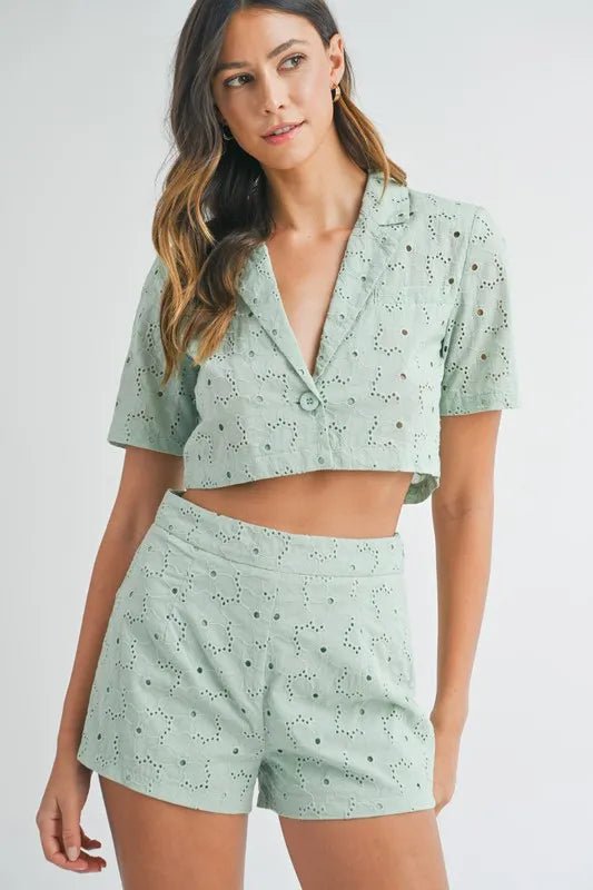 Mable - Sage Eyelet Button Front Crop Top & Shorts Set