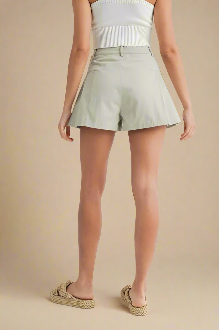 Mable - Sage Green Pleated Flare Shorts