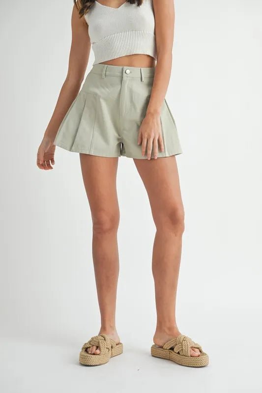 Mable - Sage Green Pleated Flare Shorts
