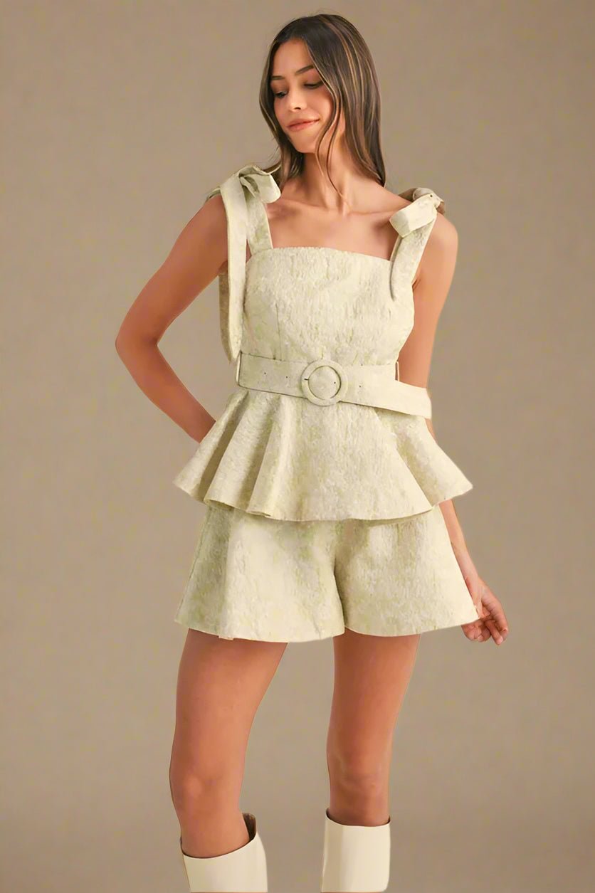 Mable - Sage Jacquard Bow Strap Peplum Short Set