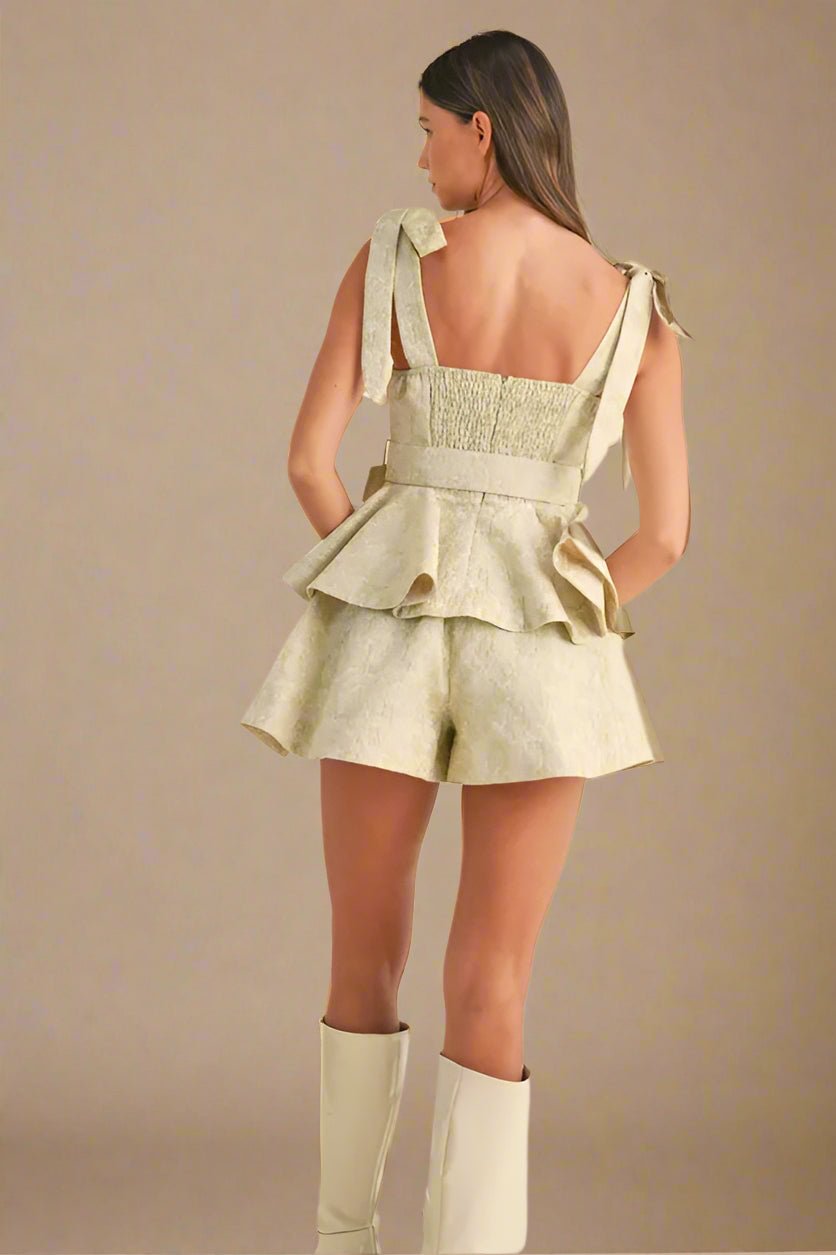 Mable - Sage Jacquard Bow Strap Peplum Short Set