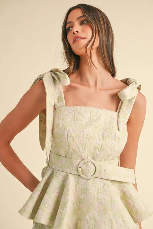 Mable - Sage Jacquard Bow Strap Peplum Short Set