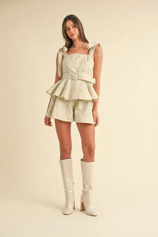 Mable - Sage Jacquard Bow Strap Peplum Short Set