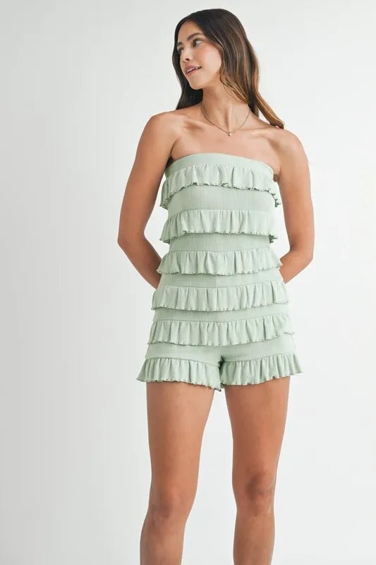 Mable - Sage Strapless Ruffle Romper