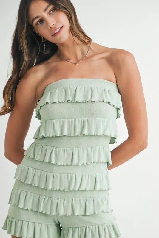 Mable - Sage Strapless Ruffle Romper