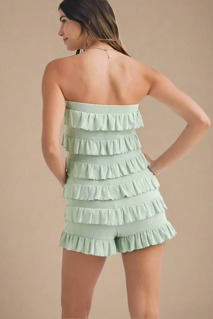 Mable - Sage Strapless Ruffle Romper
