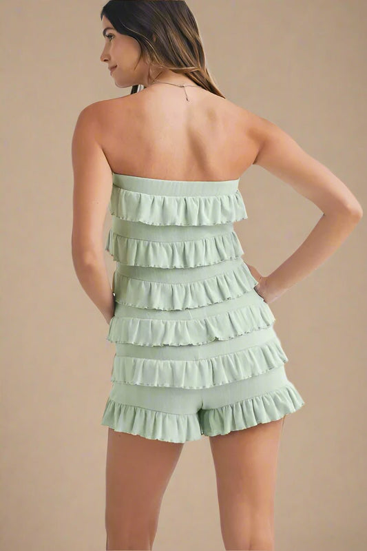 Mable - Sage Strapless Ruffle Romper