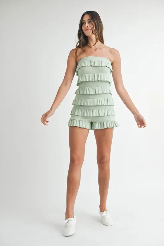 Mable - Sage Strapless Ruffle Romper