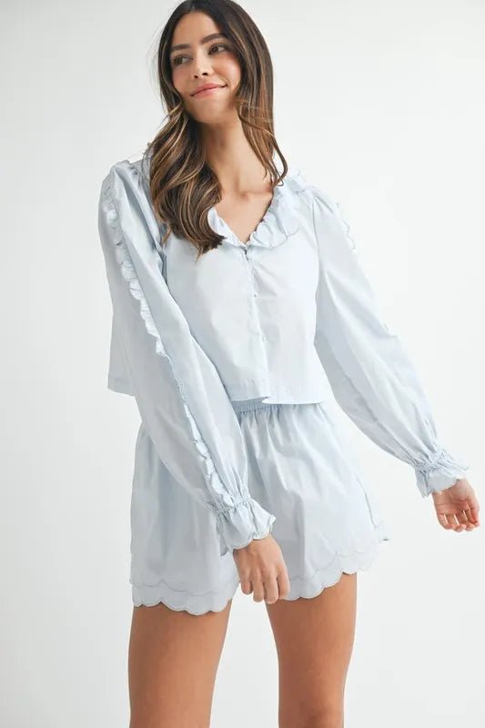 Mable - Scallop Hem Button Shorts Set in Soft Blue