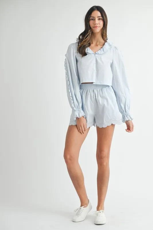Mable - Scallop Hem Button Shorts Set in Soft Blue