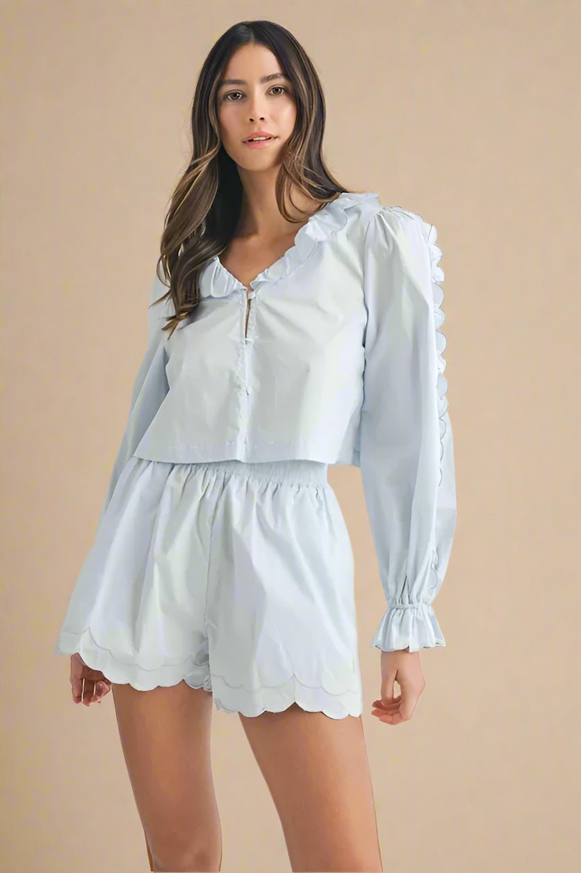 Mable - Scallop Hem Button Shorts Set in Soft Blue