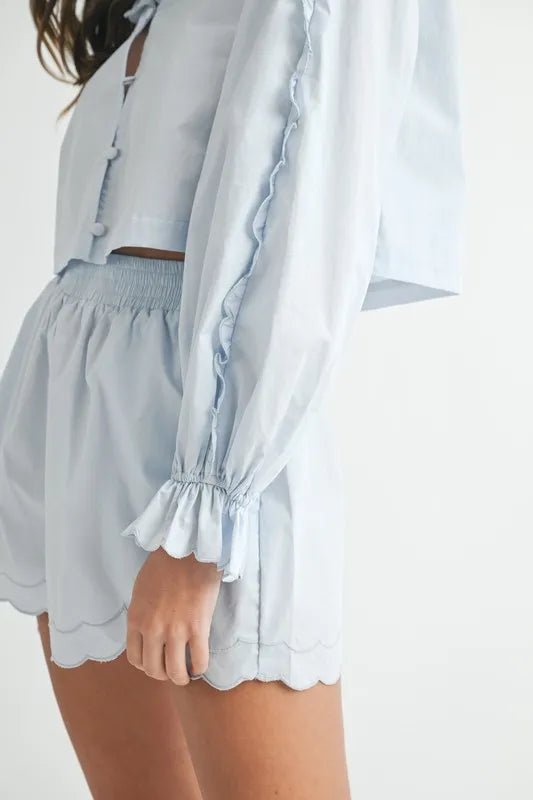 Mable - Scallop Hem Button Shorts Set in Soft Blue