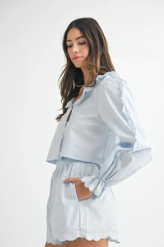 Mable - Scallop Hem Button Shorts Set in Soft Blue
