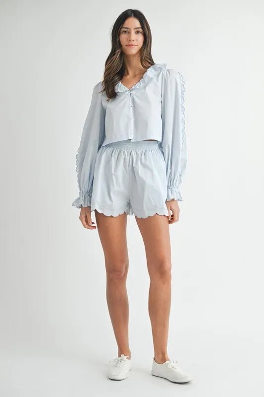 Mable - Scallop Hem Button Shorts Set in Soft Blue