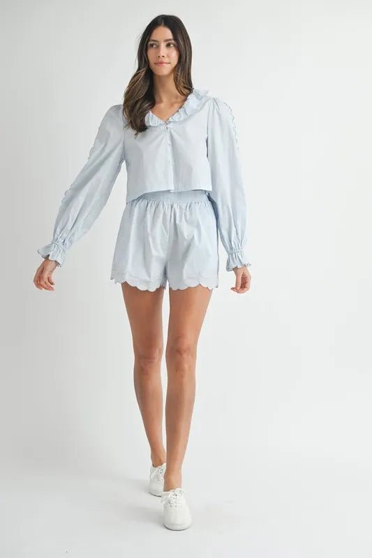 Mable - Scallop Hem Button Shorts Set in Soft Blue