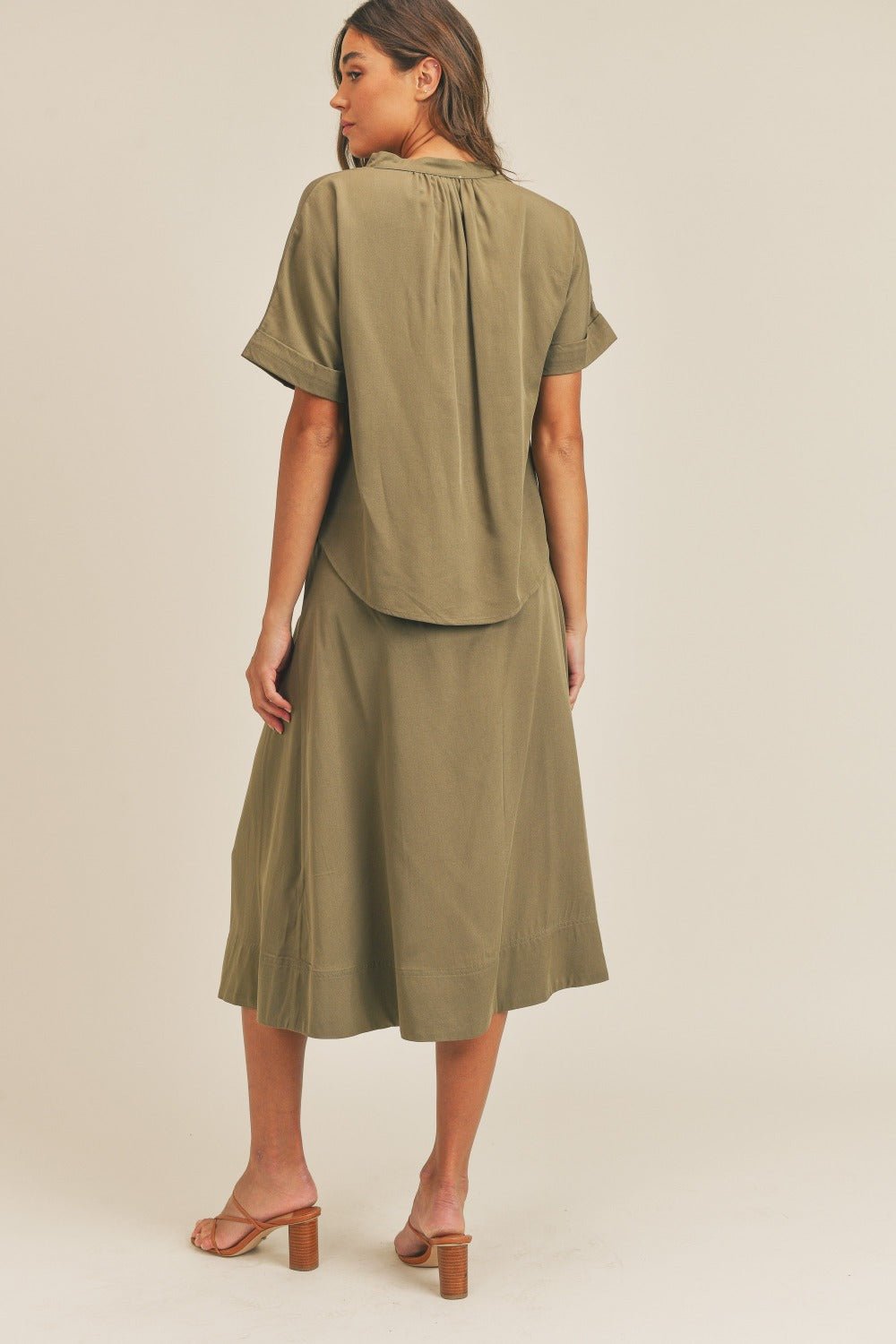 Mable - Short Sleeve Top and Button Down Midi Skirt Set in Olive