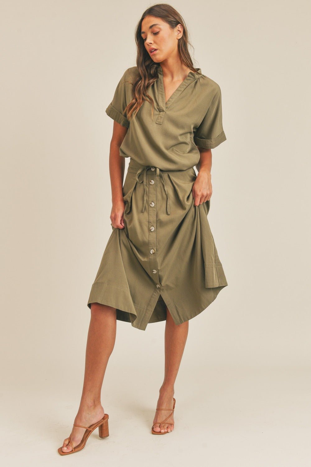 Mable - Short Sleeve Top and Button Down Midi Skirt Set in Olive