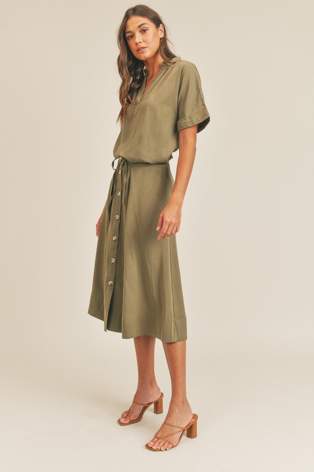 Mable - Short Sleeve Top and Button Down Midi Skirt Set in Olive