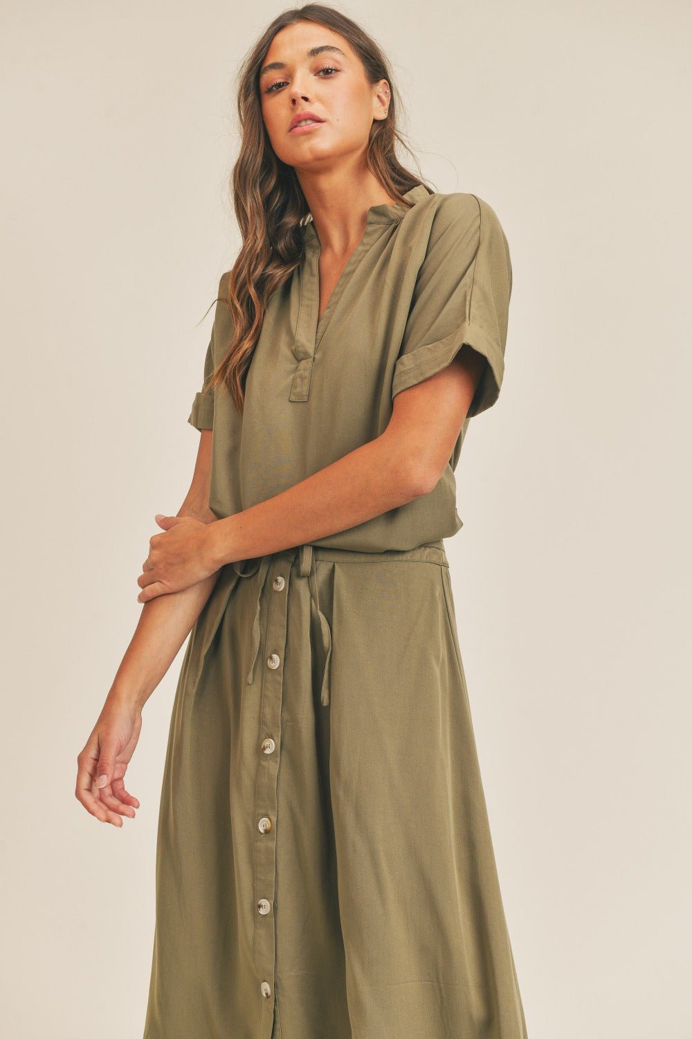 Mable - Short Sleeve Top and Button Down Midi Skirt Set in Olive