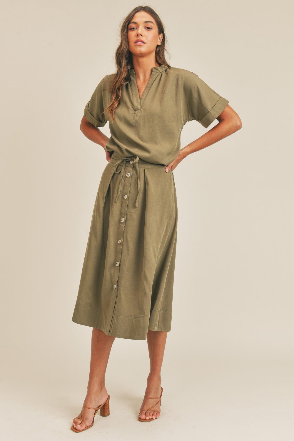 Mable - Short Sleeve Top and Button Down Midi Skirt Set in Olive