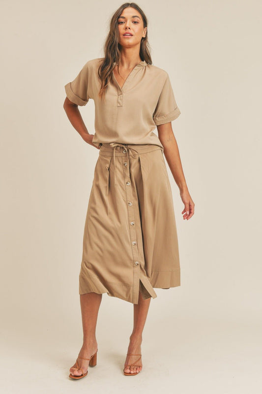 Mable - Short Sleeve Top and Button Down Midi Skirt Set in Taupe