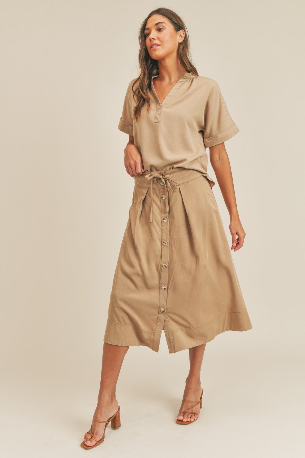 Mable - Short Sleeve Top and Button Down Midi Skirt Set in Taupe