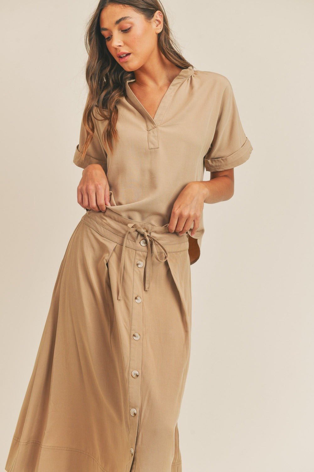 Mable - Short Sleeve Top and Button Down Midi Skirt Set in Taupe