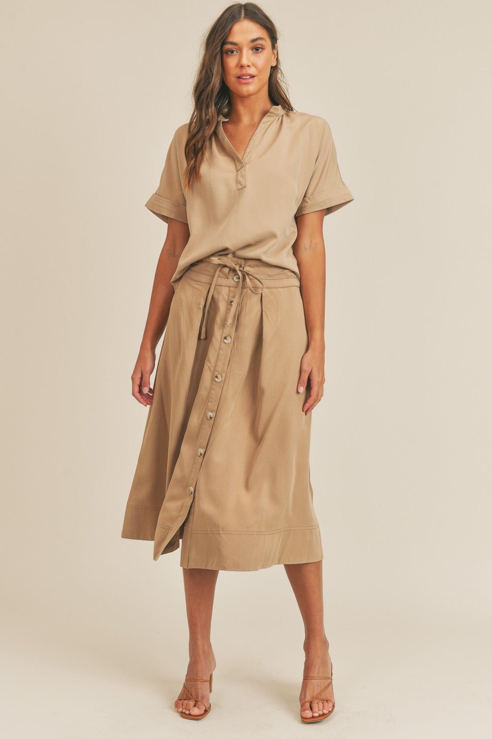 Mable - Short Sleeve Top and Button Down Midi Skirt Set in Taupe