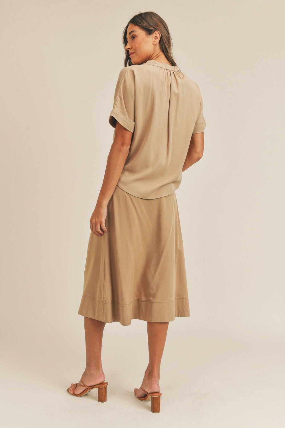 Mable - Short Sleeve Top and Button Down Midi Skirt Set in Taupe