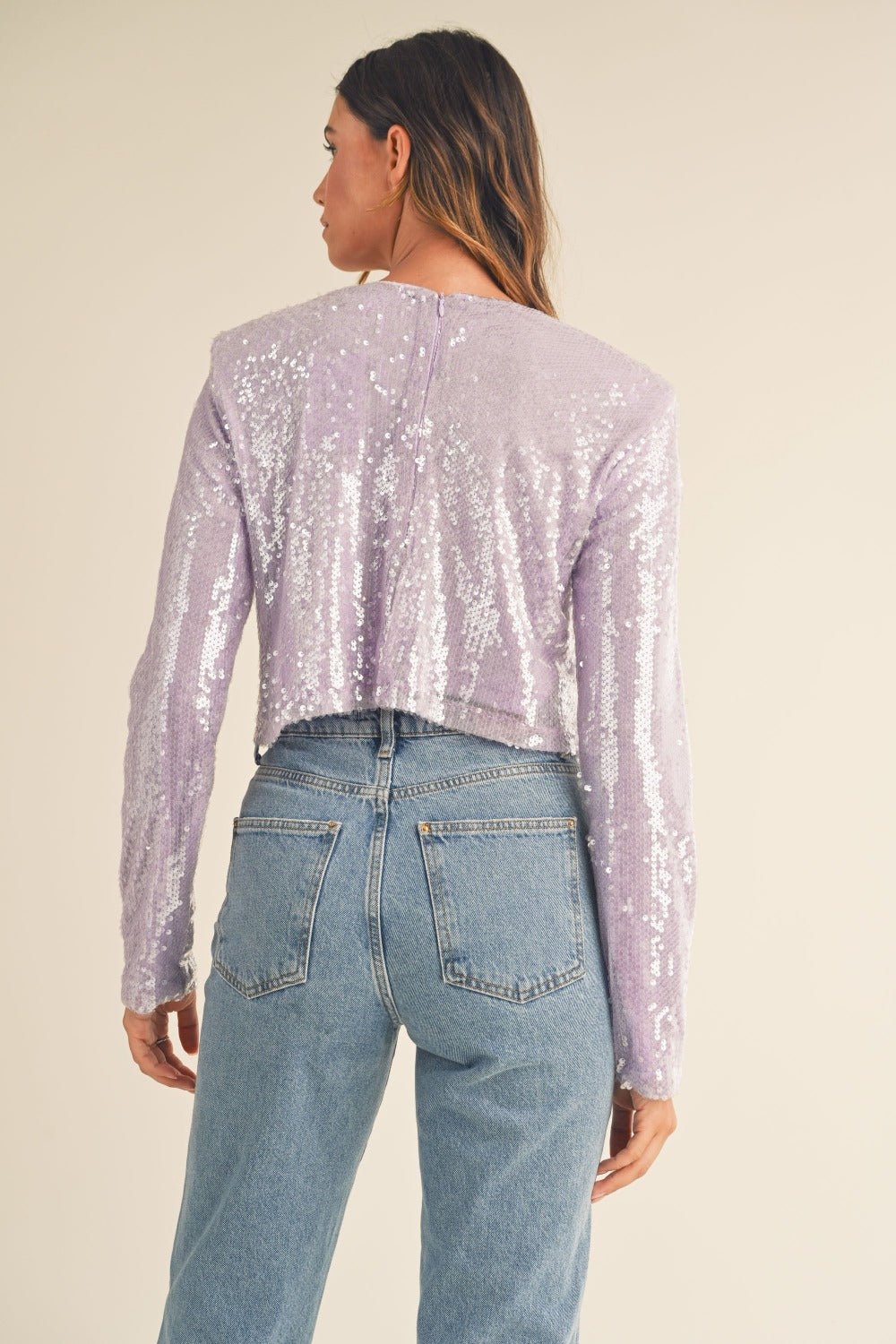 Mable - Shoulder Padded Sequin Crop Top in Lavender