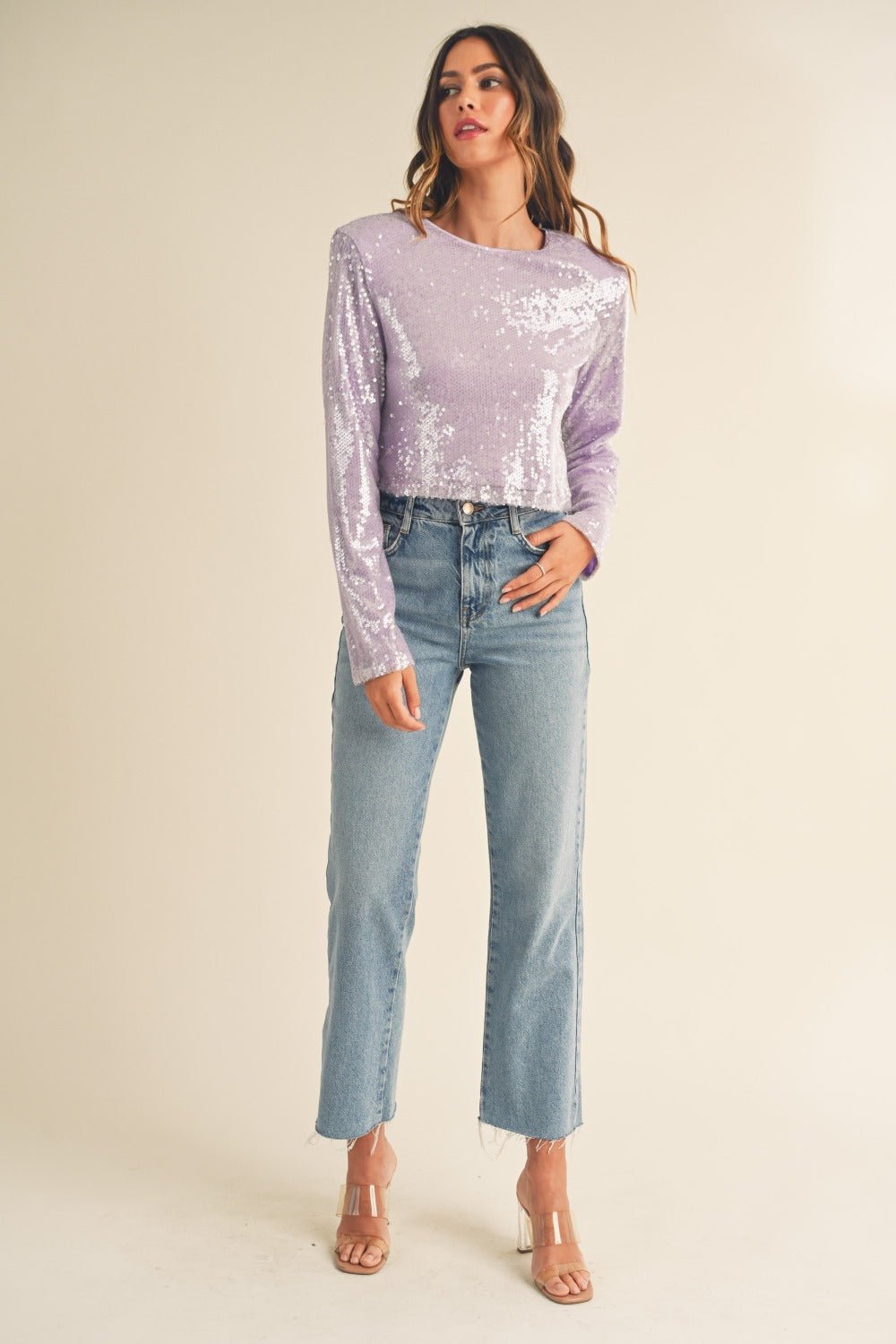 Mable - Shoulder Padded Sequin Crop Top in Lavender