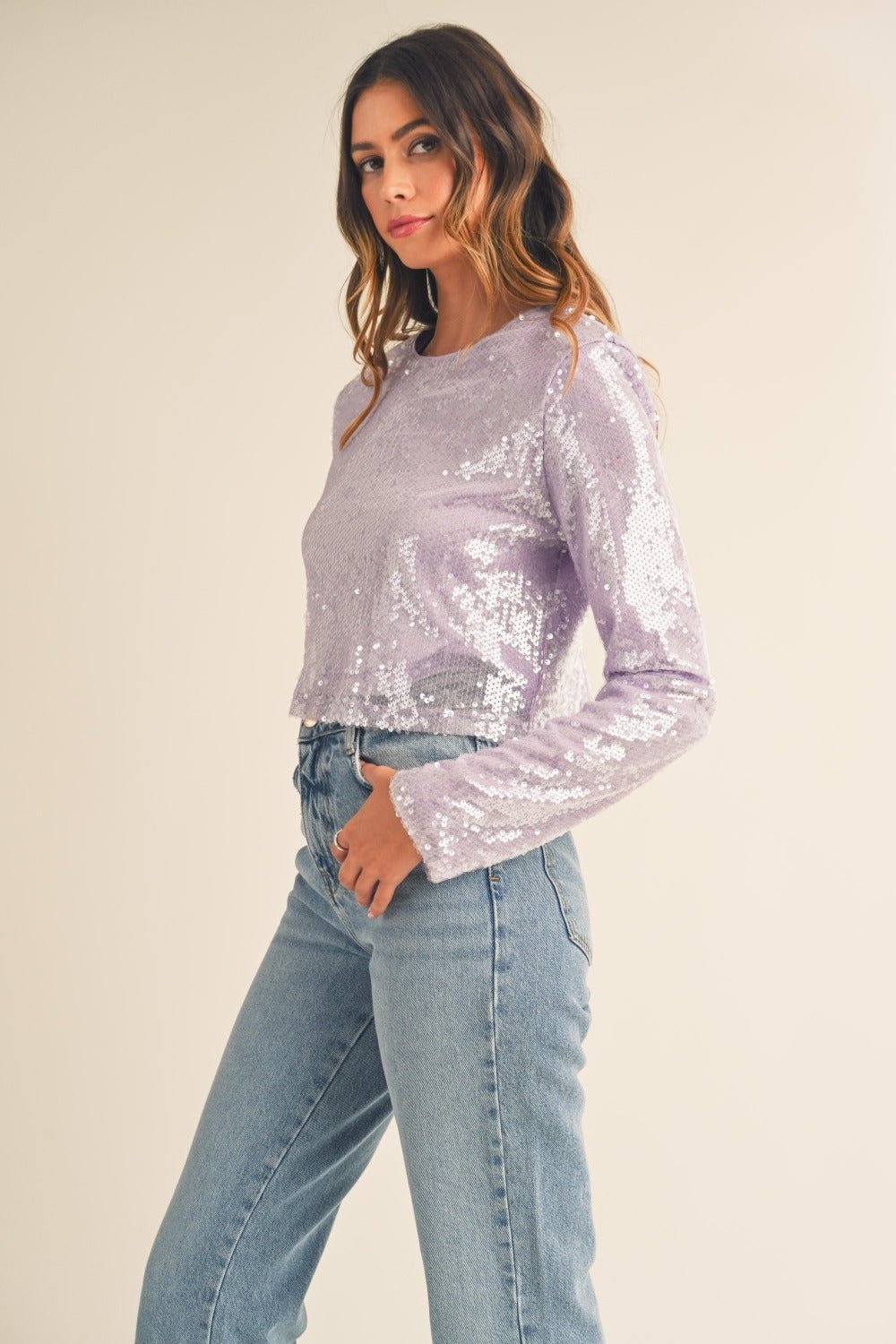 Mable - Shoulder Padded Sequin Crop Top in Lavender