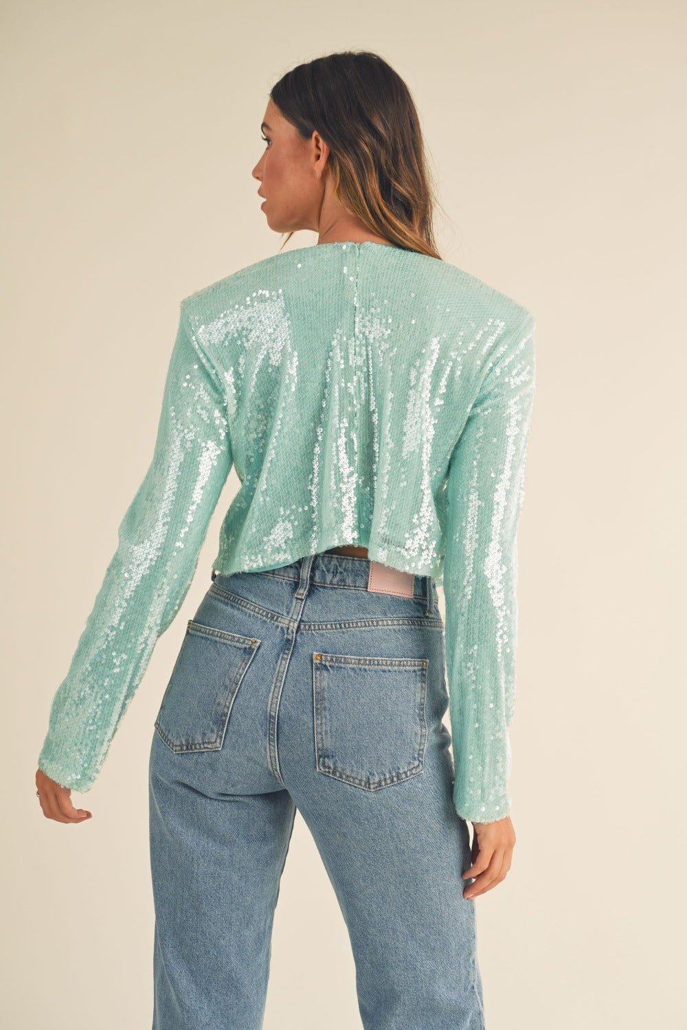 Mable - Shoulder Padded Sequin Crop Top in Mint