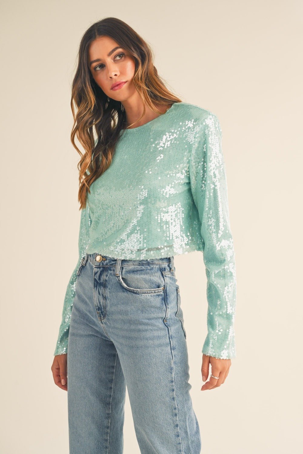 Mable - Shoulder Padded Sequin Crop Top in Mint