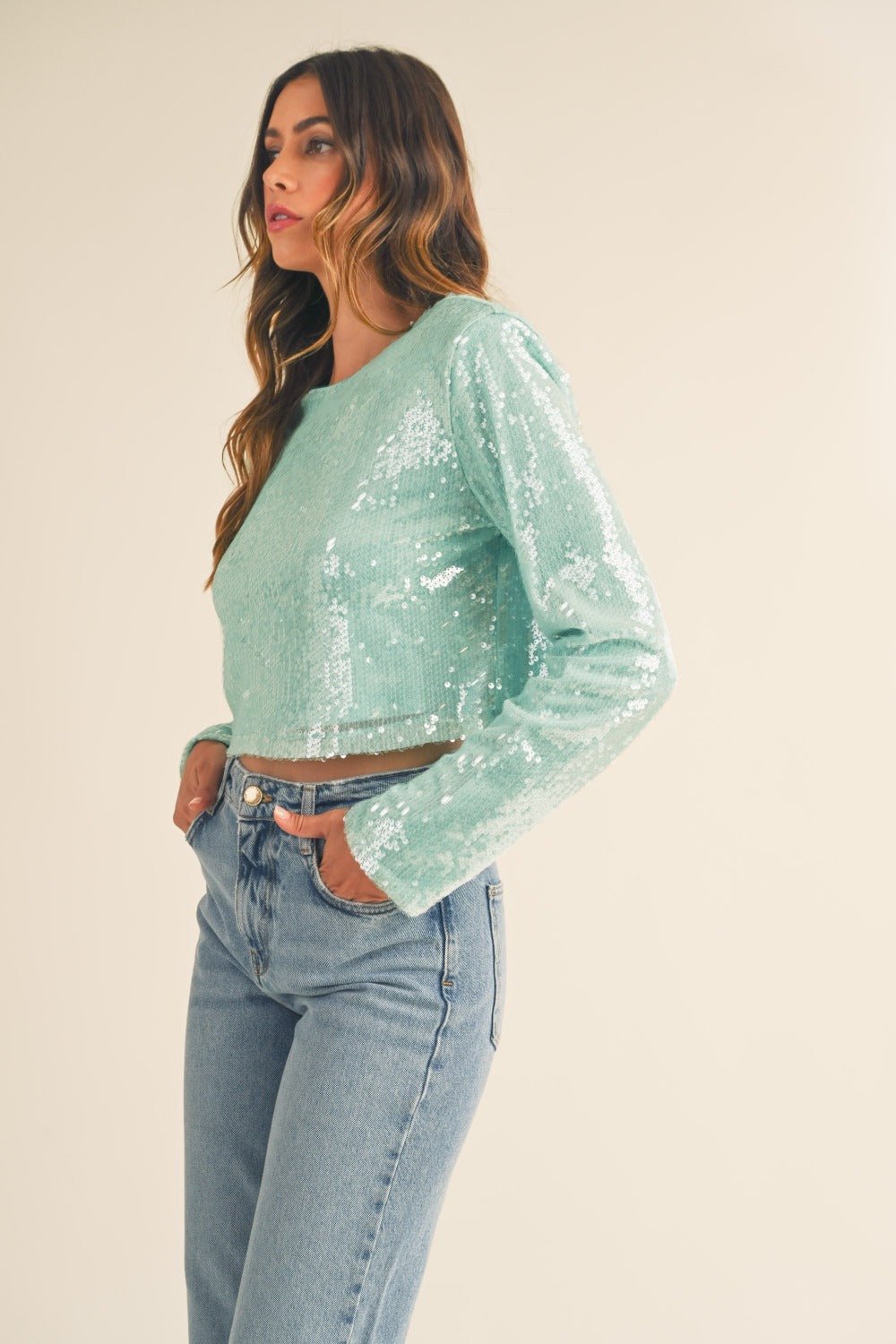 Mable - Shoulder Padded Sequin Crop Top in Mint