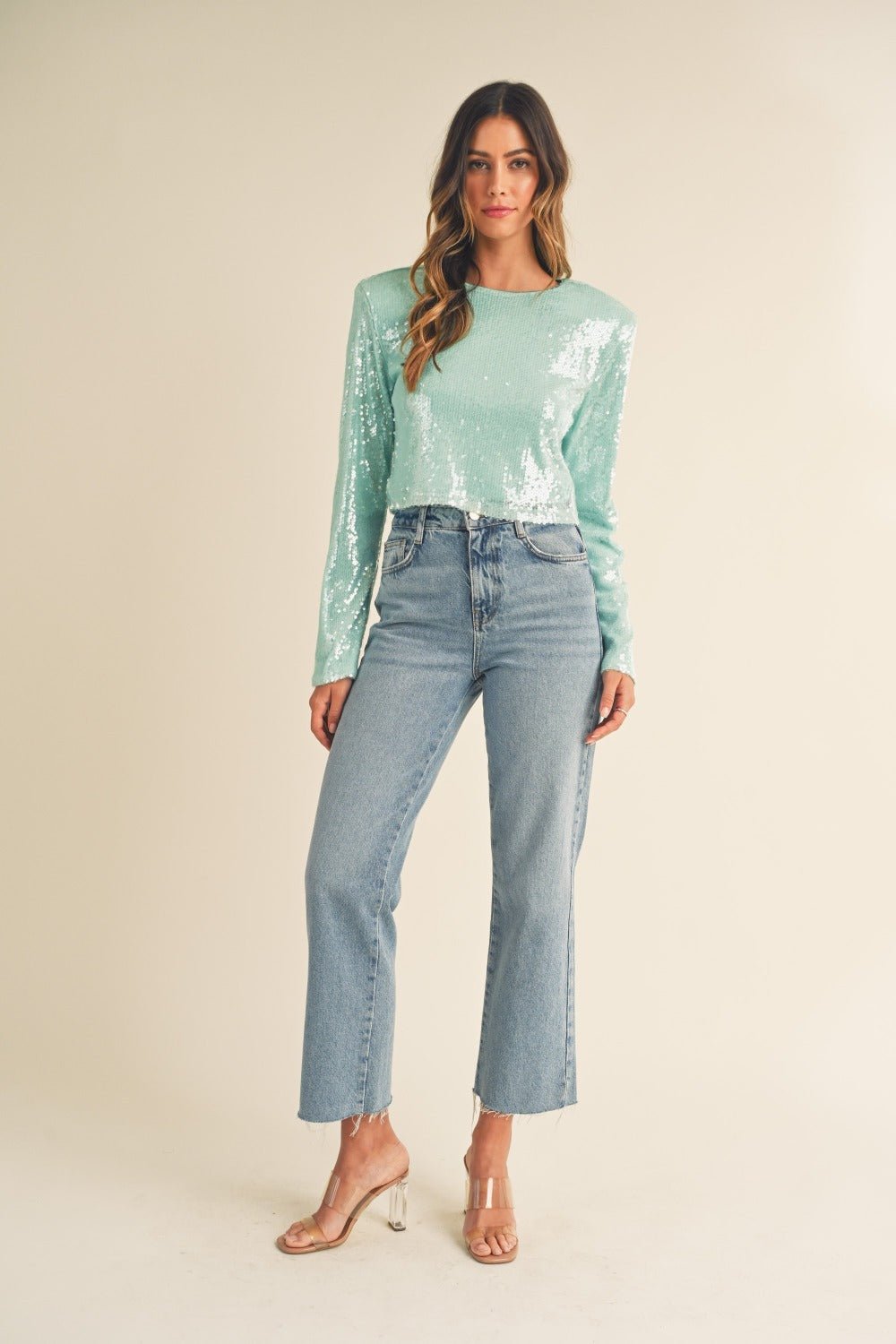 Mable - Shoulder Padded Sequin Crop Top in Mint