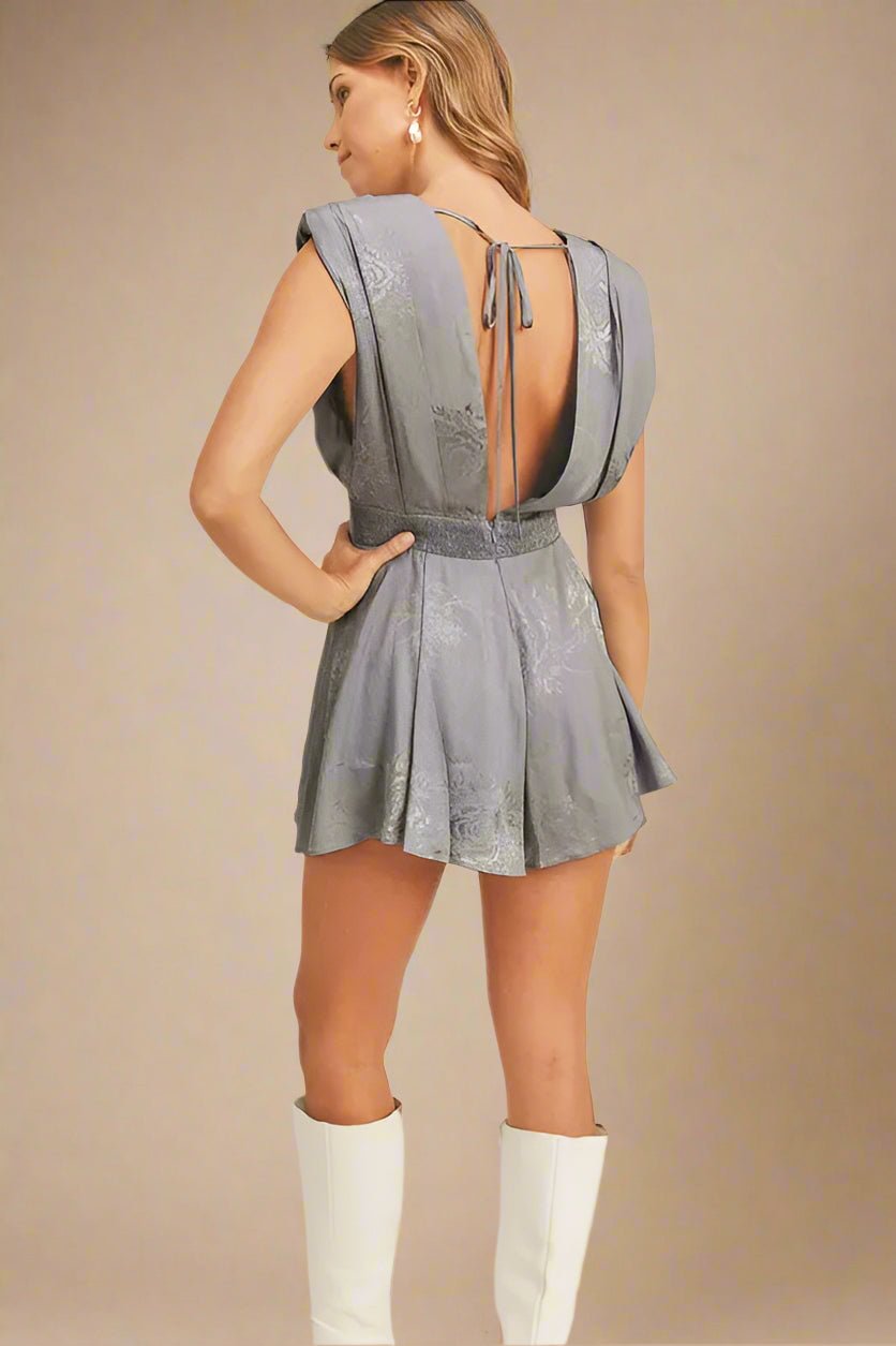 Mable - Slate Floral Jacquard Deep V Romper