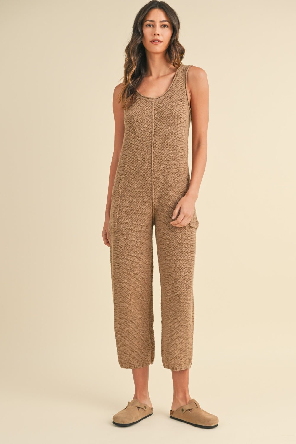 Mable - Sleeveless Knit Cropped Jumpsuit with Pockets in Mocha